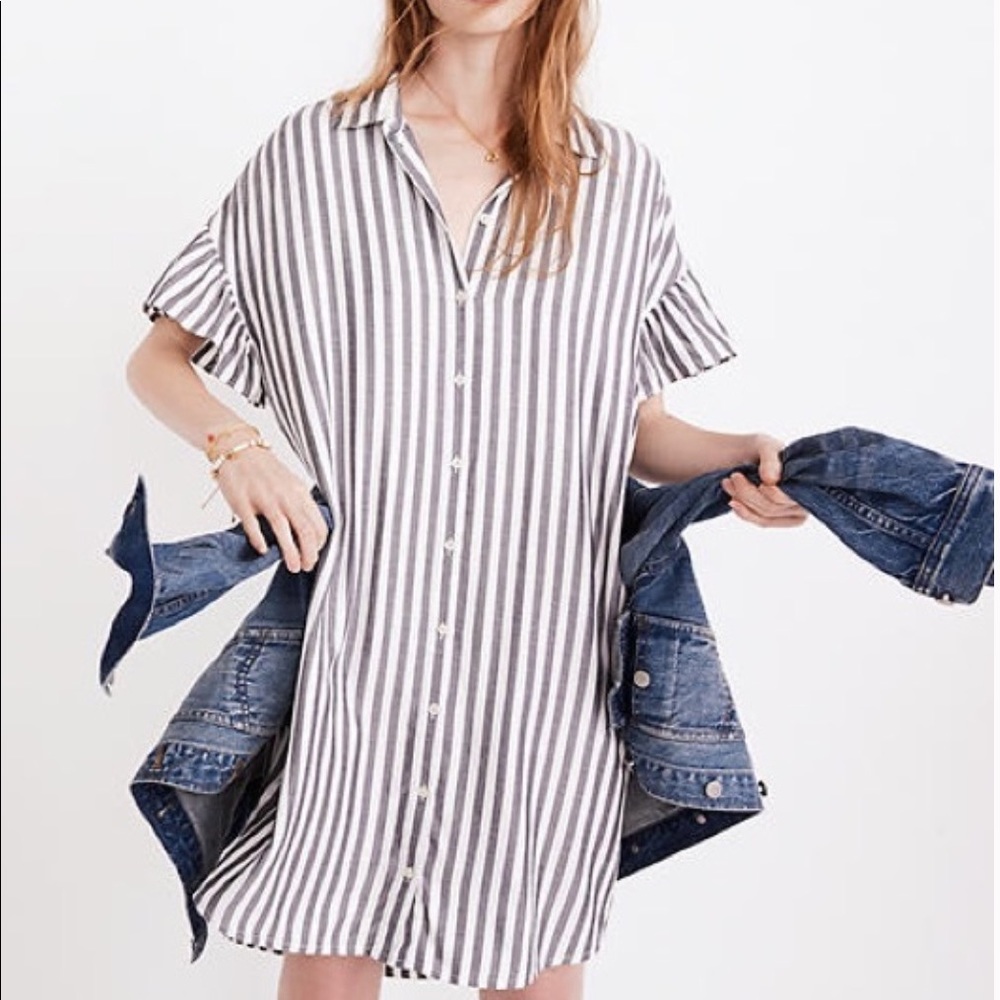 Madewell Striped Courier Ruffle-Sleeve Shirtdress